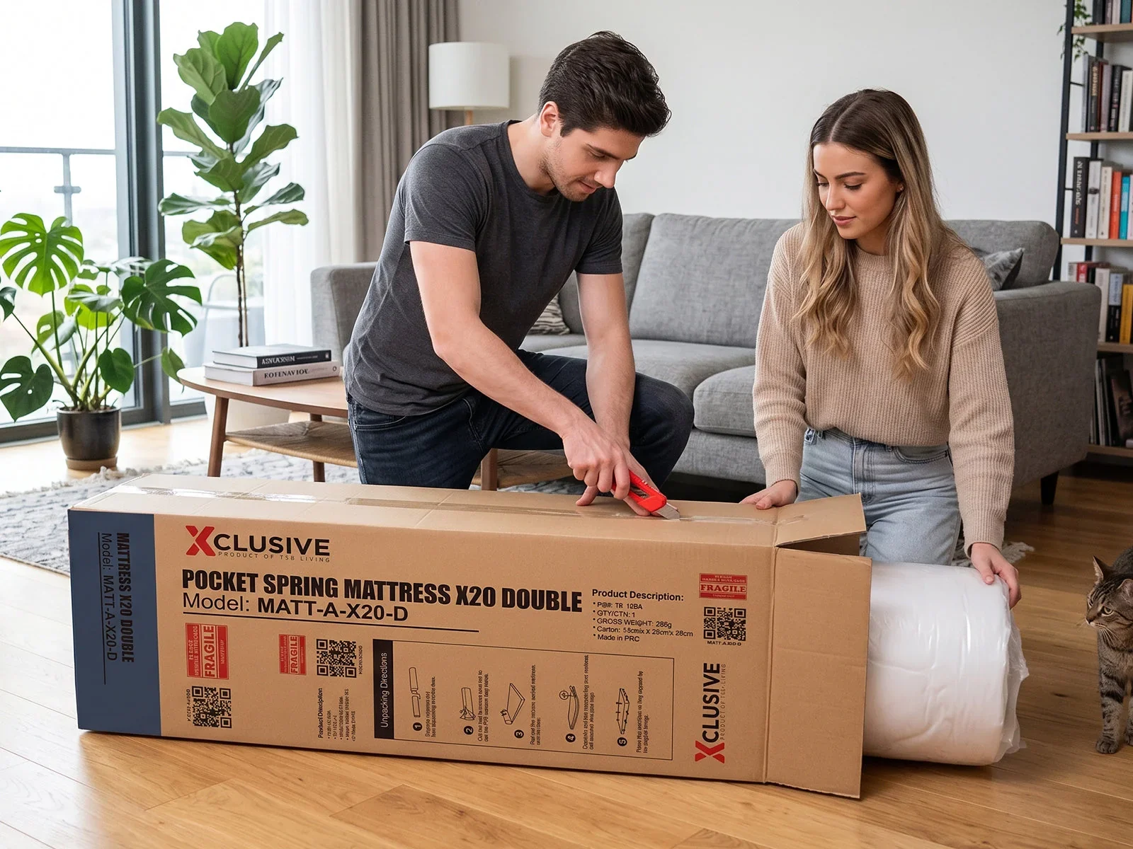 Couple unboxing a mattress in the living room